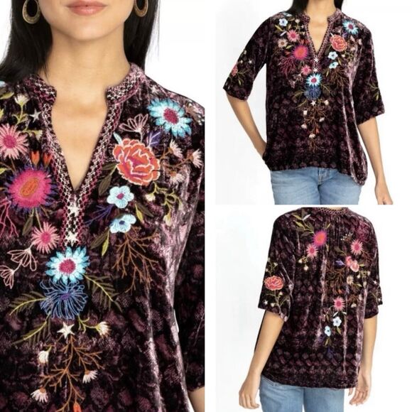 Johnny Was Silk Blend Ulla Velvet Easy V-neck Gypsy Boho Resort Purple Top XXS - Picture 4 of 12